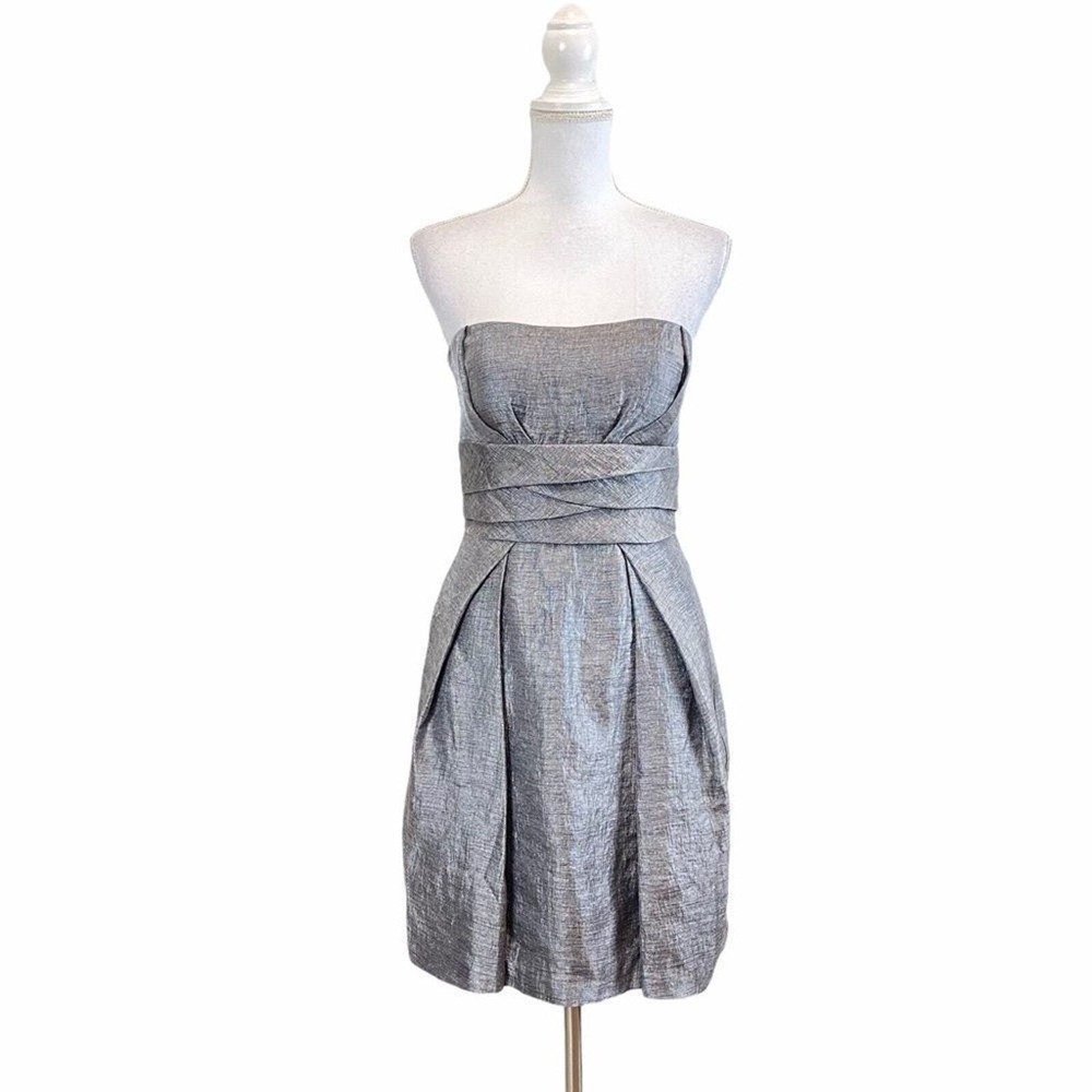 Max & Cleo Women's Sz 6 Gray Silver Strapless Casual Dress‎ Pleated Evening
